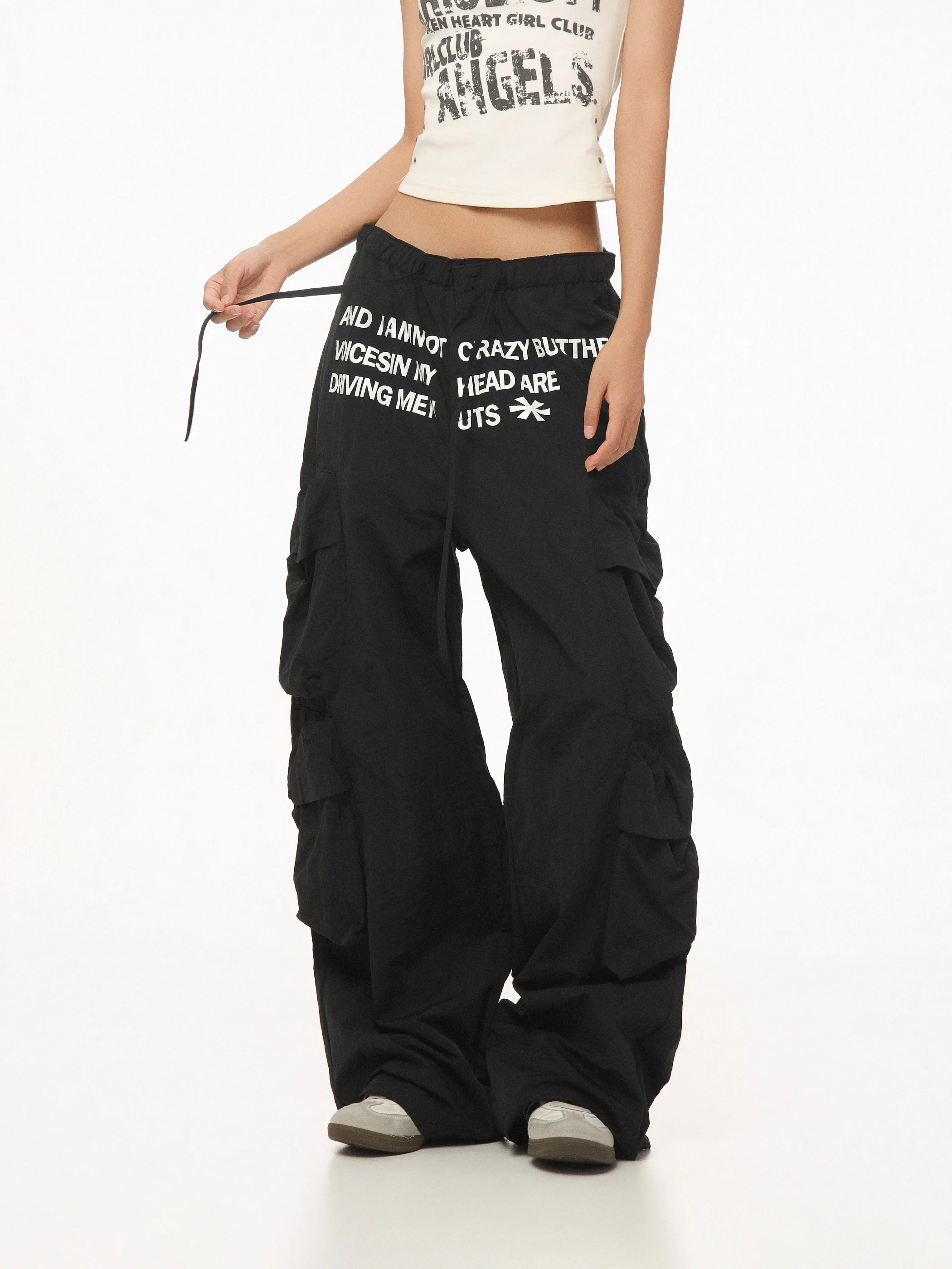 

High Street Dancing Letter Women's Work Pants Drawstring Waist Multiple Pockets Wide Leg Long Pants Floor-Length CTBCAPTAINBEER