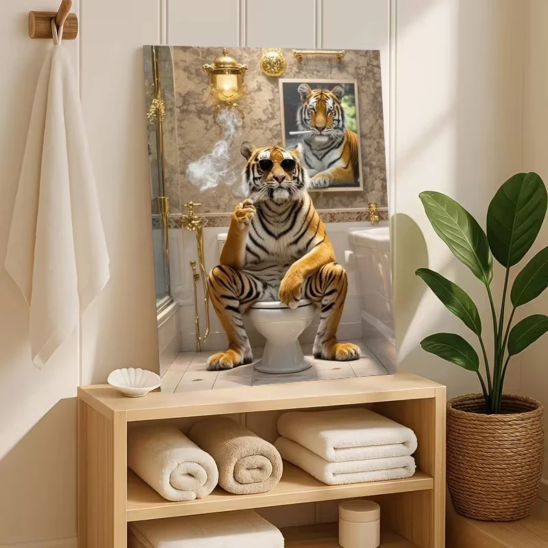 Tiger Wear Sunglasses Smoking in The Bathroom Poster and Prints Canvas Painting Wall Art Picture Living Room Home Decor Cuadros