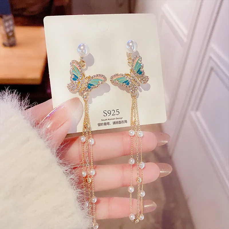 Sweet Butterfly Earrings High Sense Celebrity Style Long Style Pearl Tassels Show Face Thin Crystal Earrings Women's Ornament