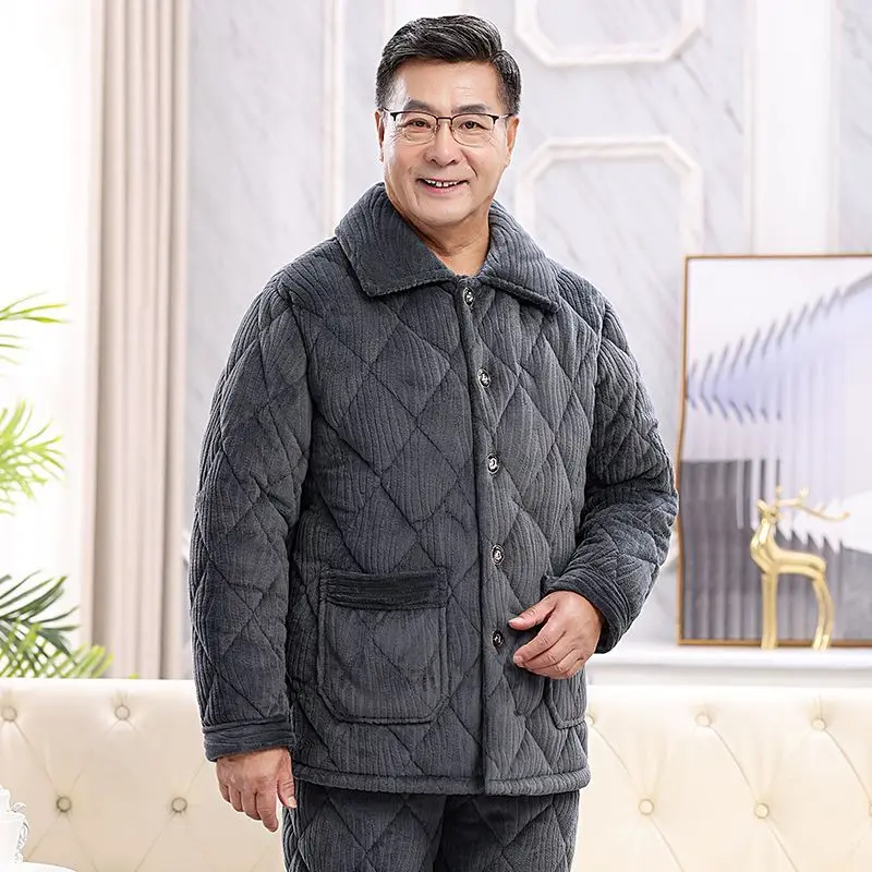 Elderly Dad Grandpa Extra Thick Wool Home Cotton-padded Jacket Coral Wool Warm Set Three Layers Padded Jacket for The Elderly