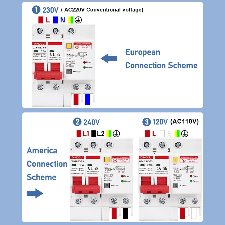 DZ47LED RCBO con protezione contro i fulmini SPD interruttore differenziale perdita di terra 10A 16A 32A 40A 63A
