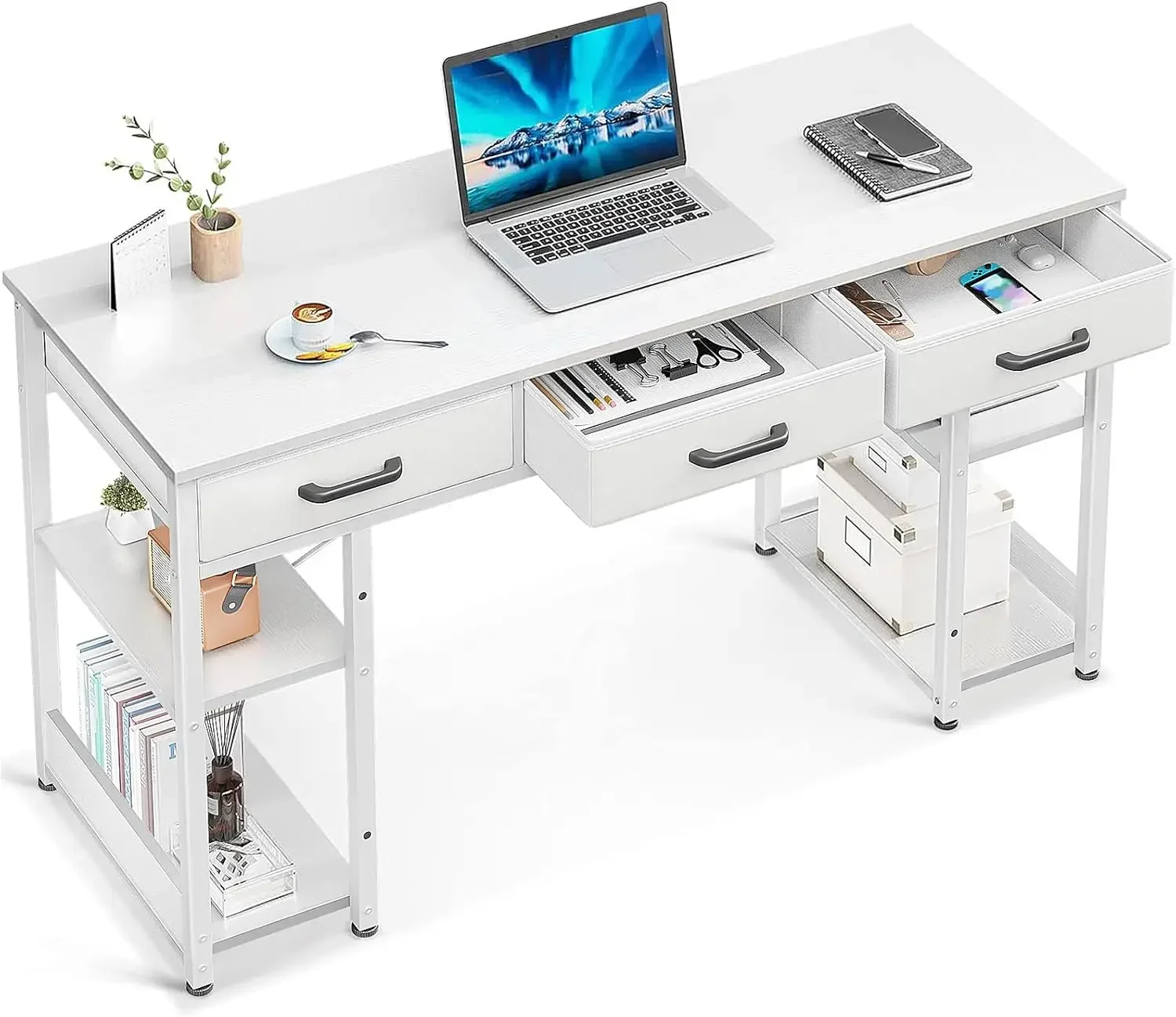 

ffice Small Computer Desk: Home Table with Fabric Drawers & Storage Shelves, Modern Writing Desk, White, 48"x16"