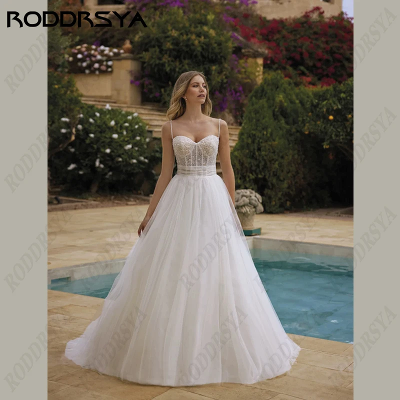 RODDRSYA Sweetheart senza maniche Boho abito da sposa senza spalline pizzo sposa festa Tulle Backless a-line Beach abiti da sposa Sweetheart senza maniche Boho abito da sposa senza spalline pizzo sposa festa Tulle Back