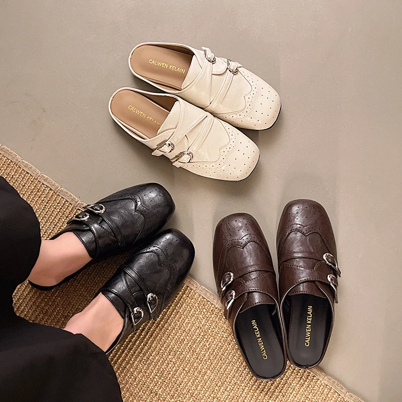 

Summer Vintage Women Lady PU Leather Brogue Mules Double Buckle Strap Square Toe Casual Flat Lazy Loafers Slides Slippers Shoes