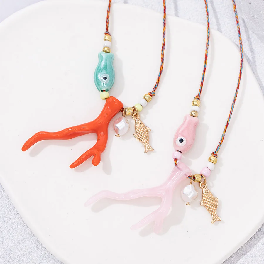 MHS.SUN New Ocean Imitation Coral Glass Fish Pendant Necklace Boho Colorful Braided Rope Adjustable Women Vacation Party Jewelry