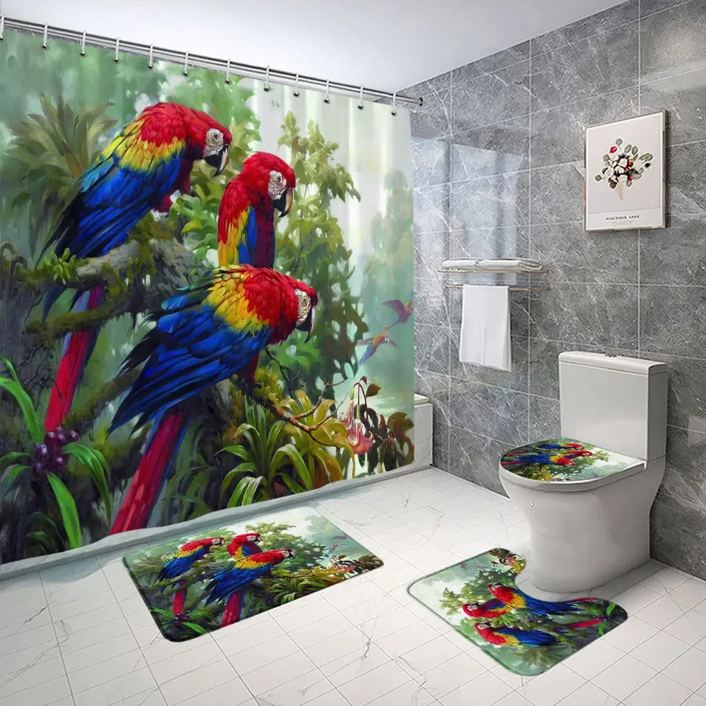 Beautiful Parrot Shower Curtain and Rug Bathroom Set Landscape Home Polyester Washable Hanging Curtain Shower Mat Bathroom Decor