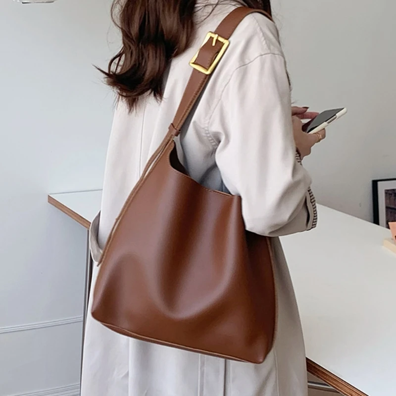 

Women Shoulder Bag Solid Fashion Japanese Bucket Bag Women's PU Leather Tote Bag For Work