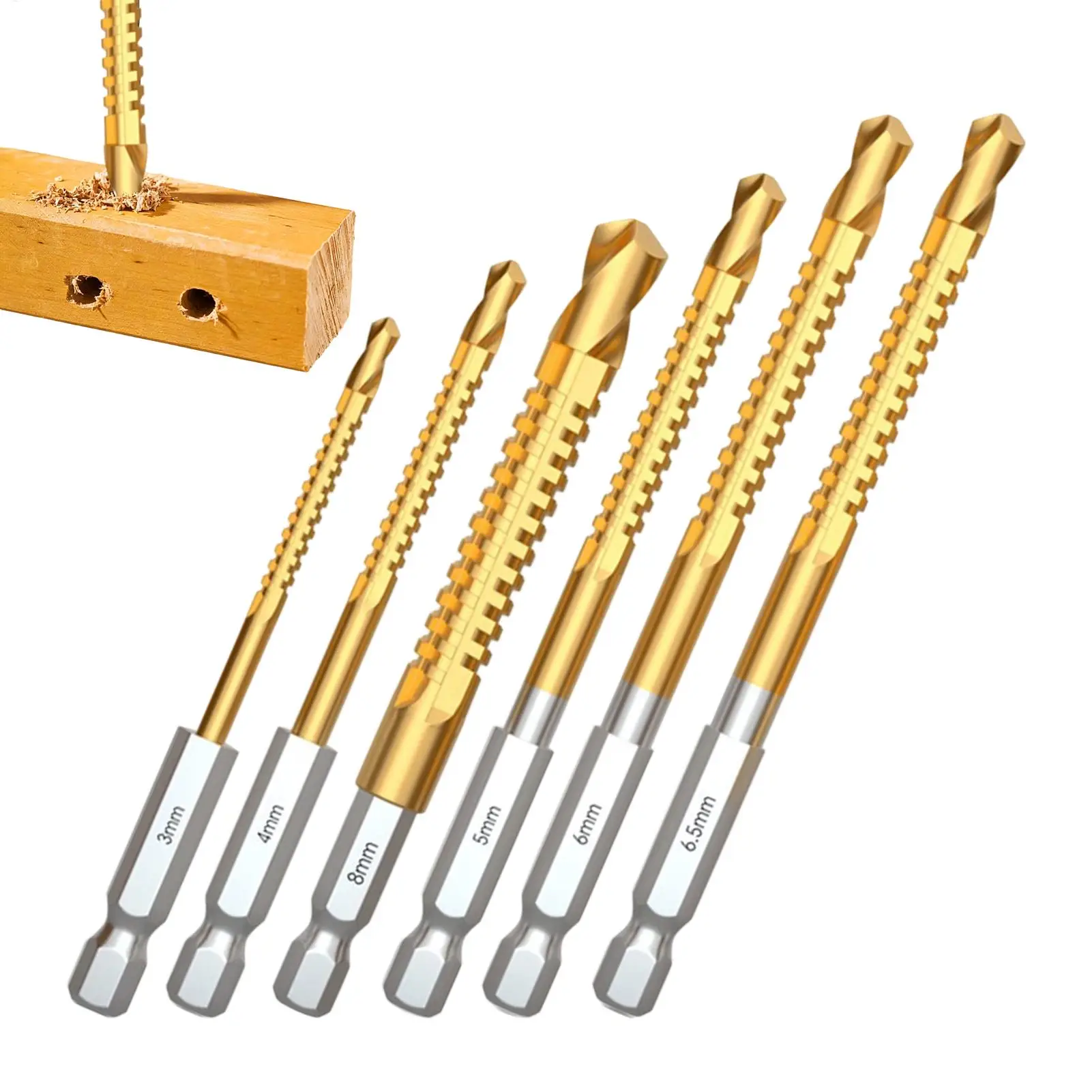 6Pcs Titanium Coated Drill Bit Set Hex Shank 3mm-8mm Hexagonal Handle Twist Drill for Woodworking
