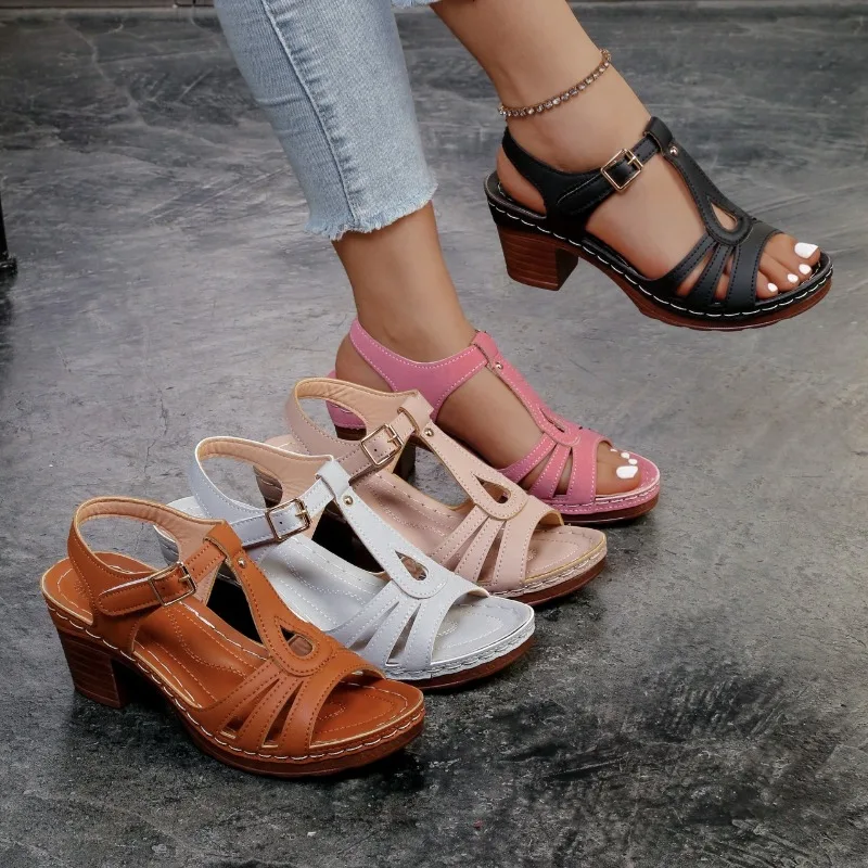 

2026 Summer Plus Size 36-43 Sandals for Women, Stitched Thick High Heel, Comfortable Peep Toe, Single Strap Women's Sandals 43