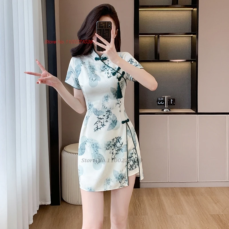 2025 chinese nightclub dress qipao improved cheongsam national flower print qipao dress+shorts set oriental hotel spa work dress