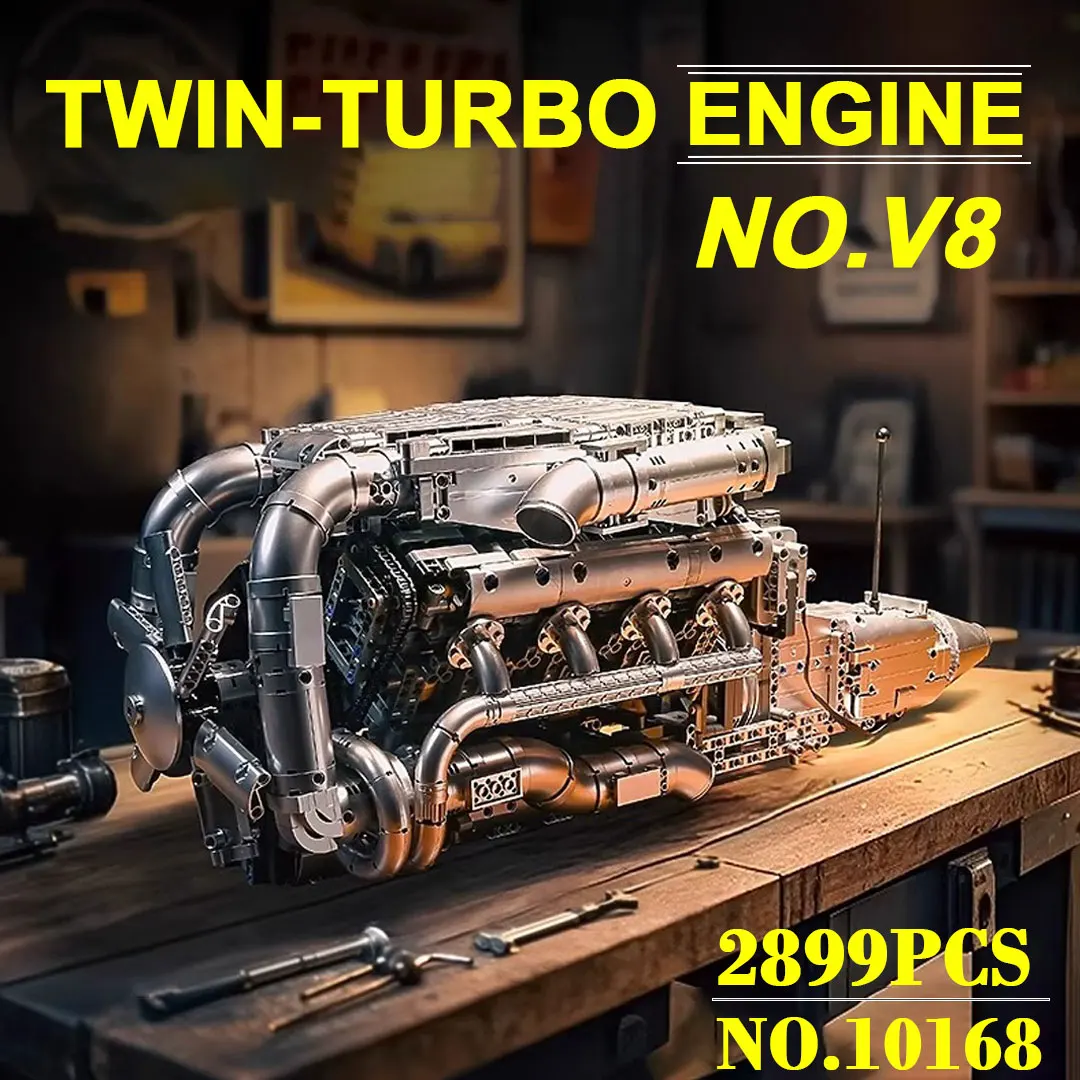 Mould King 10168 V8 Twin Turbo Engine Kit 2899PCS MOC Supercar Model with Working Pistons Turbo for Adults Car Enthusiasts