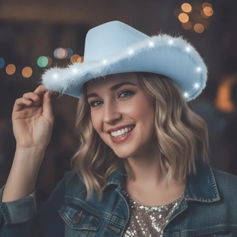 Jazz Hat Furry Trim Light Up Western Cowboy Hat Ethnic Style Wide Brim Costume Hat Solid Color LED Cowboy Hat Halloween