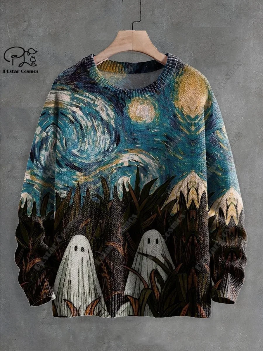 3D-печать на Хэллоуин, индивидуальная серия, ужас, призрак, череп, ведьма, черный кот, узор, уродливый свитер, уличный повседневный зимний свитшот W-4