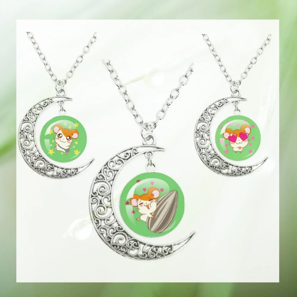 H-Hamtaro Cute Hamster The Moon Necklace Glass Round Cabochon Pendant Necklace Necklace Jewelry Accessorie Creative Gift