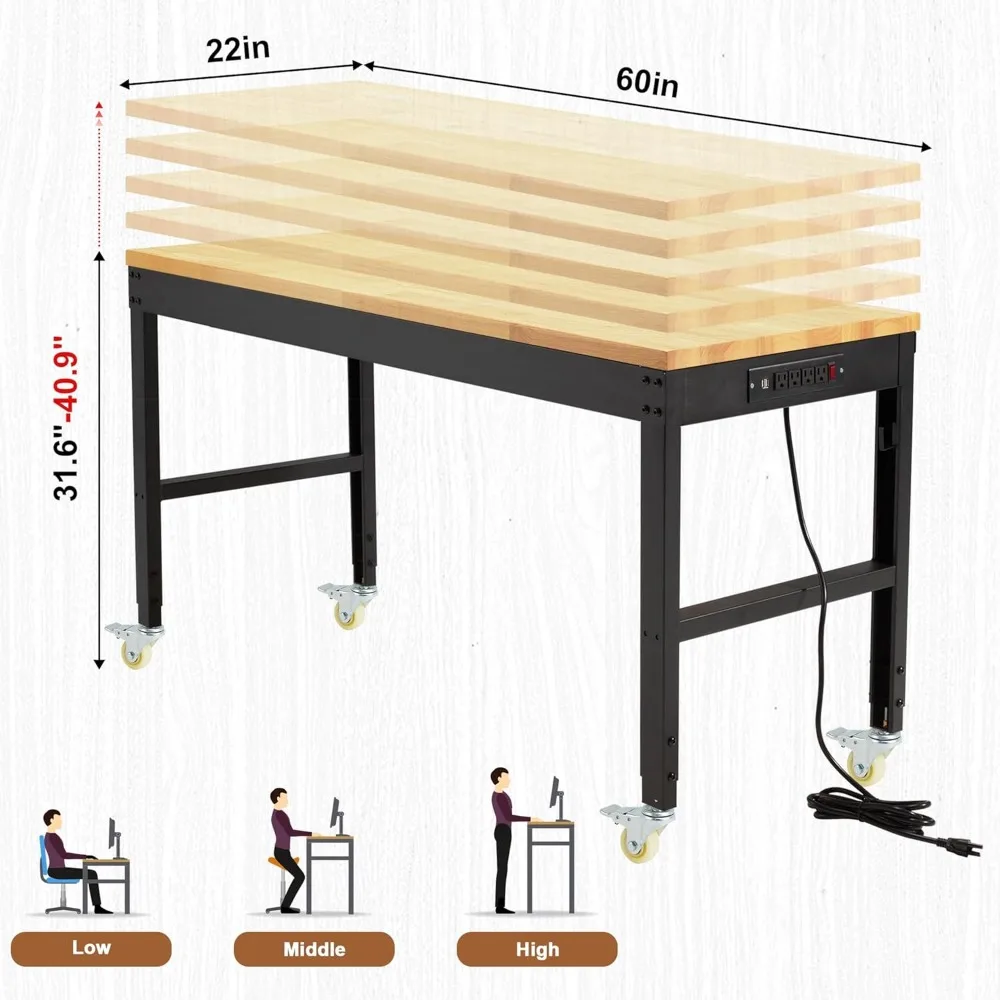 منضدة عمل شديدة التحمل قابلة للتعديل بسعة 1800 رطلاً، وطاولة عمل من الخشب الصلب، ومنافذ دوارة ومنافذ طاقة #4