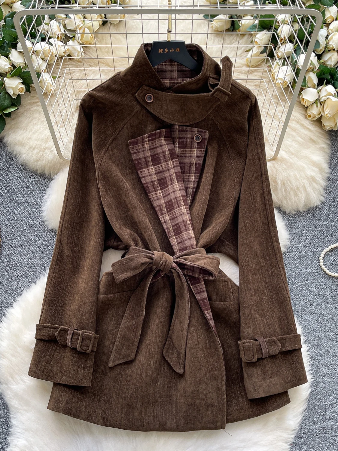 

Высококачественный жилет в стиле ретро с воротником-стойкой на пуговицах и поясом, женское повседневное пальто, осень-зима 2021, корейский утягивающий жилет