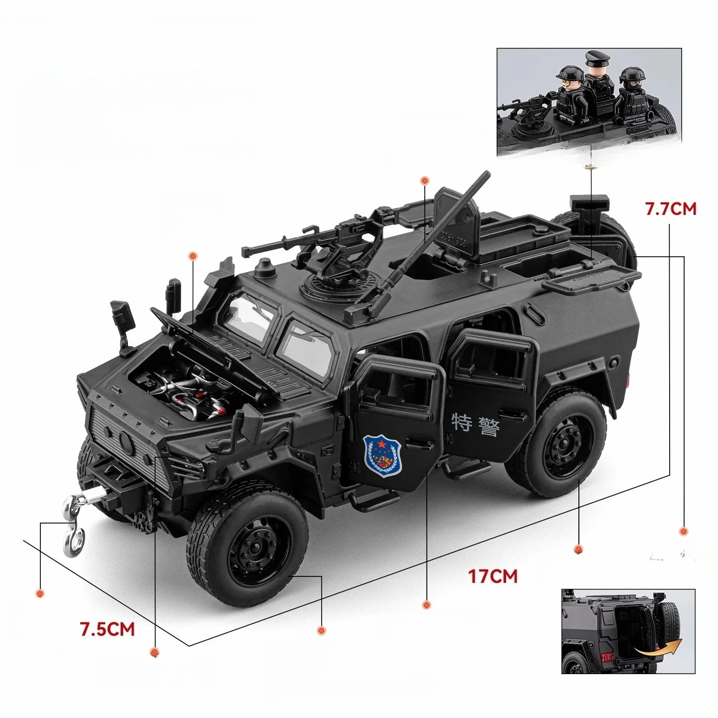 1:32 Warriors Armored Police Car Alloy Car Model Pull Back Sound and Light Sound Effects Boy Toys Diecast Alloy Car Model view 2
