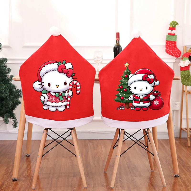 

Рождественский чехол на стул Hello Kitty, красный нетканый протектор, товары для рождественской вечеринки, украшение для гостиной, чехол на сиденье, рождественские подарки