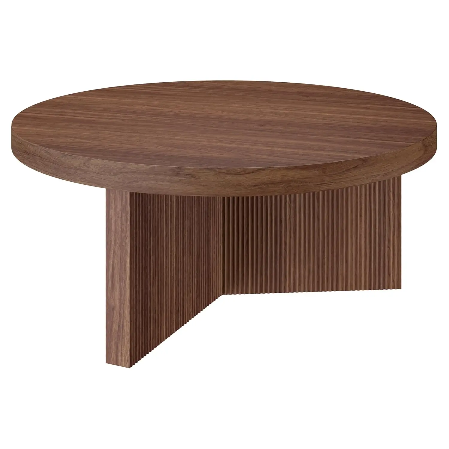 36" Fluted Round Low-Profile Coffee Table With Ribbed Pedestal Base Living Room, Family Room, Or Office, Satin Walnut