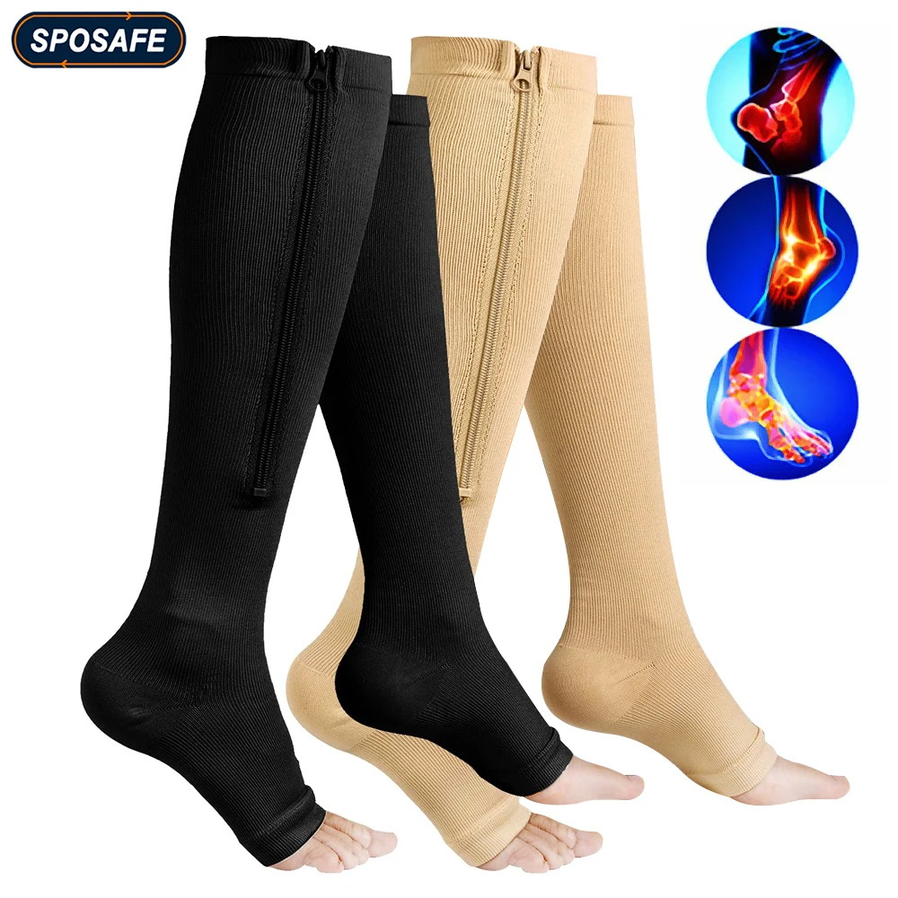 1Pair Zipper Calf Compression Length Stocking for Women Slim Sleeping Beauty Leg for Prevent Varicose Veins, Sports Runing