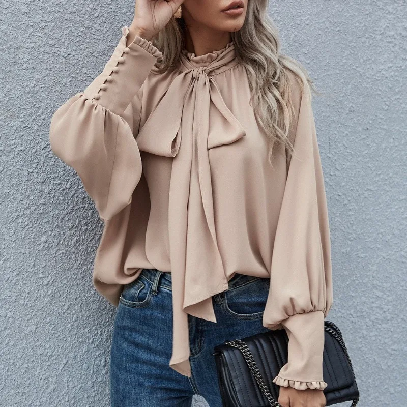 

Women Bow Tie Neck Blouse Solid Long Sleeve Casual Top For Spring Summer Autumn Winter Elegant Chiffon Blouse