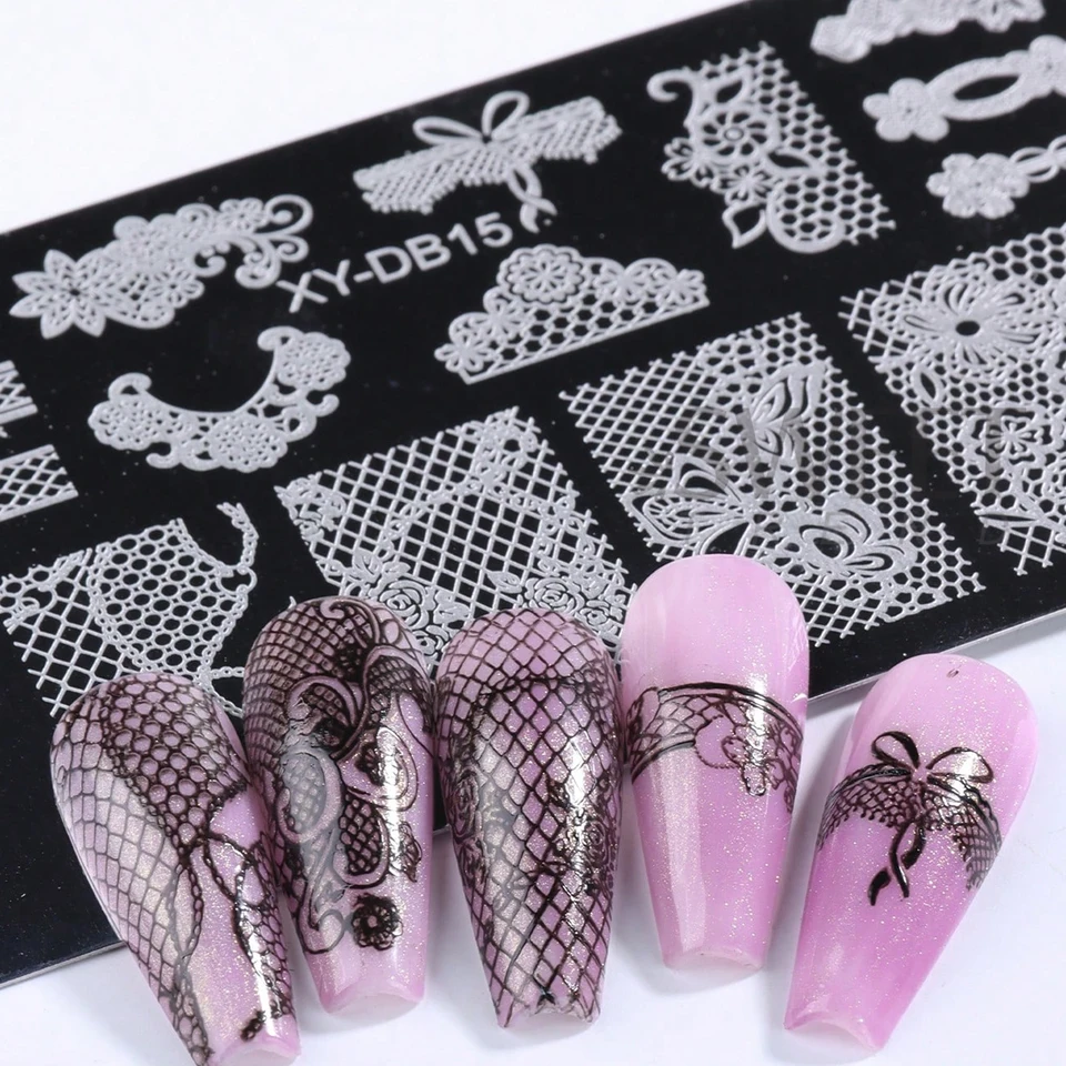 Placa de estampado para uñas de boda, patrón romántico elegante de encaje, flores, cintas y mariposas, molde de transferencia para manicura 3