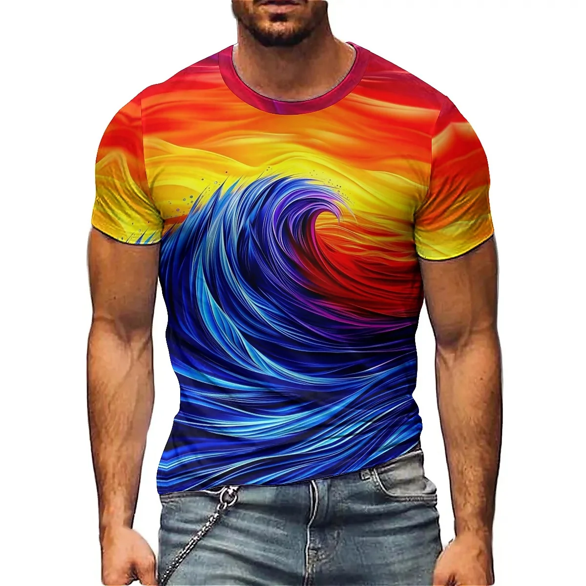 2025 Summer Men's Colorful and Dynamic 3D Printed Short Sleeve T-shirt for Fitness, Exercise, Running, Lightweight Design, Perfe