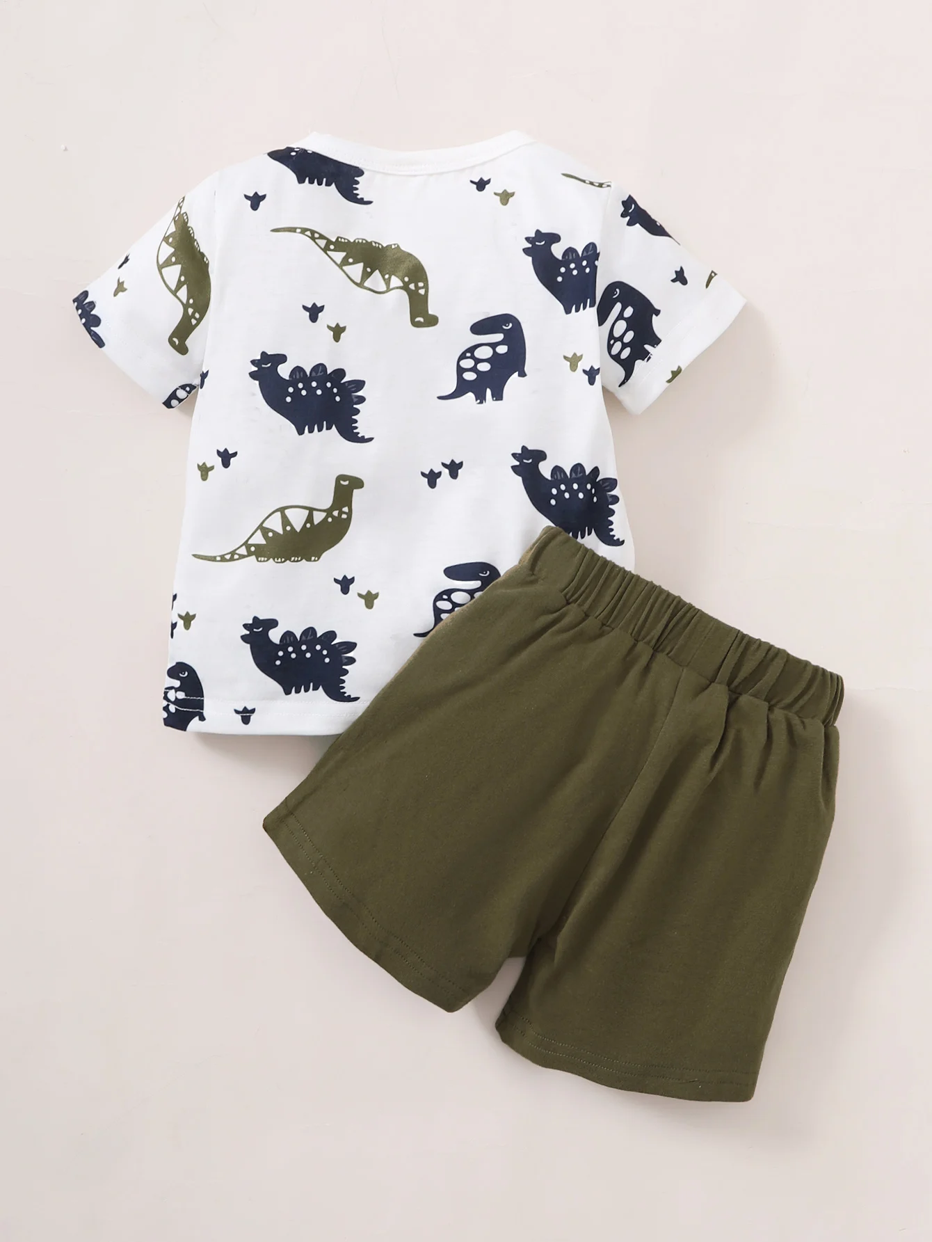 Casual Outing Clothes For Boys And Babies Summer Simple Set Crew Neck Cartoon Dinosaur Short Sleeve TopT-Shirt Army Green Shorts