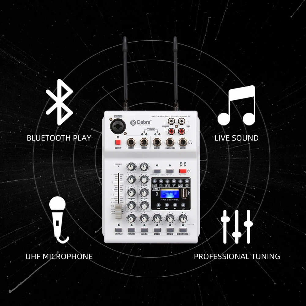 MM-02 Audio Sound Card DJ Console Mixer, Dual Channel UHF Wireless Microphone for PC Recording, Webcasting, Street Performance