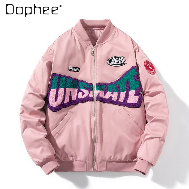 

Осень-зима 2023, новая мужская розовая, белая бейсбольная куртка в стиле хип-хоп, свободная куртка-бомбер, черная повседневная стеганая куртка с капюшоном