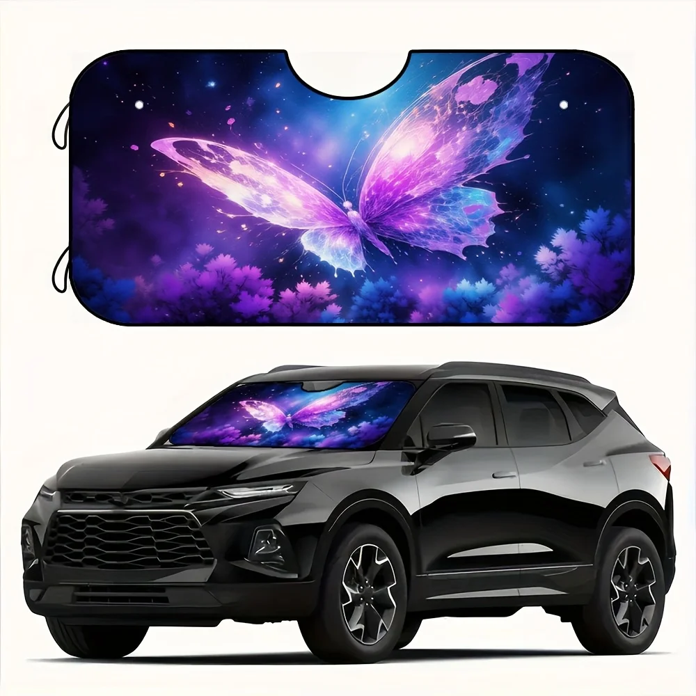

1pc Vibrant Purple Butterfly Windshield Sunshade - Accordion Folding Car Visor, Polyester Material, Protects Vehicle Interior, V
