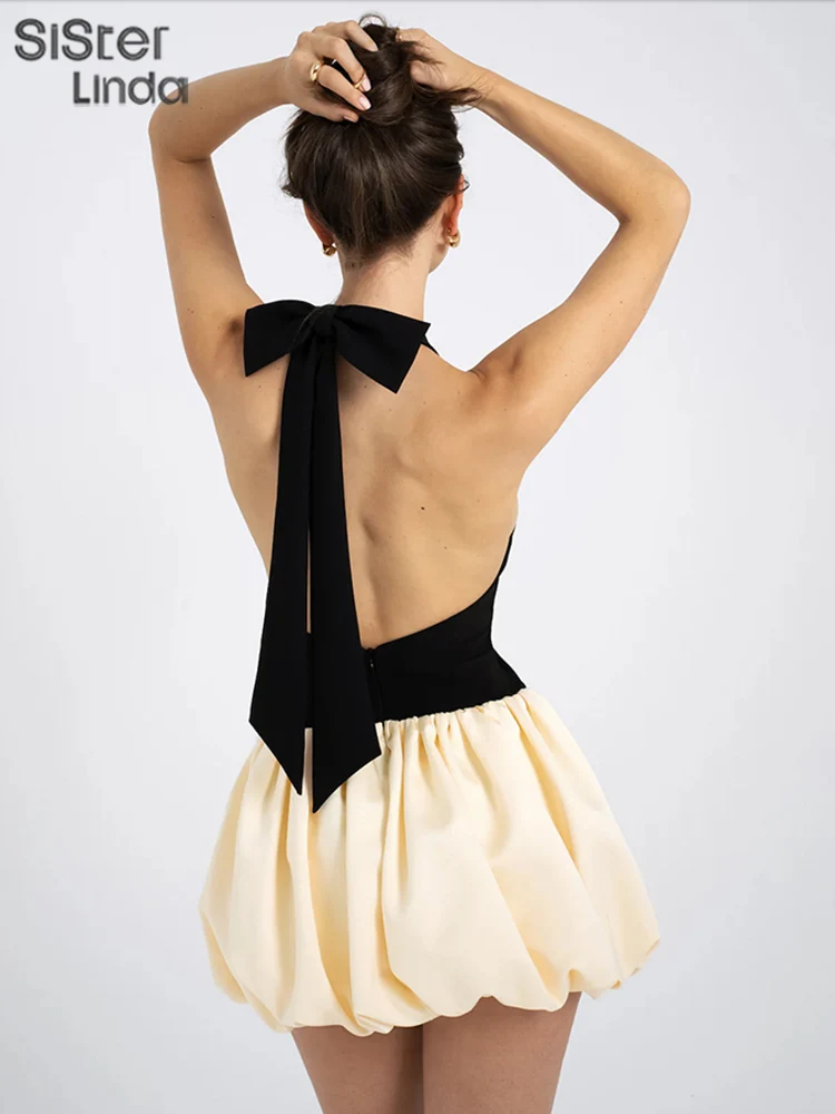 Sisterlinda-فستان شارع عالي العاري الذراعين للفتيات ، فوق الركبة ، ألياف حليب صغيرة ، مرقع الرسن ، إصدار الخريف جونيور ، K24D55545