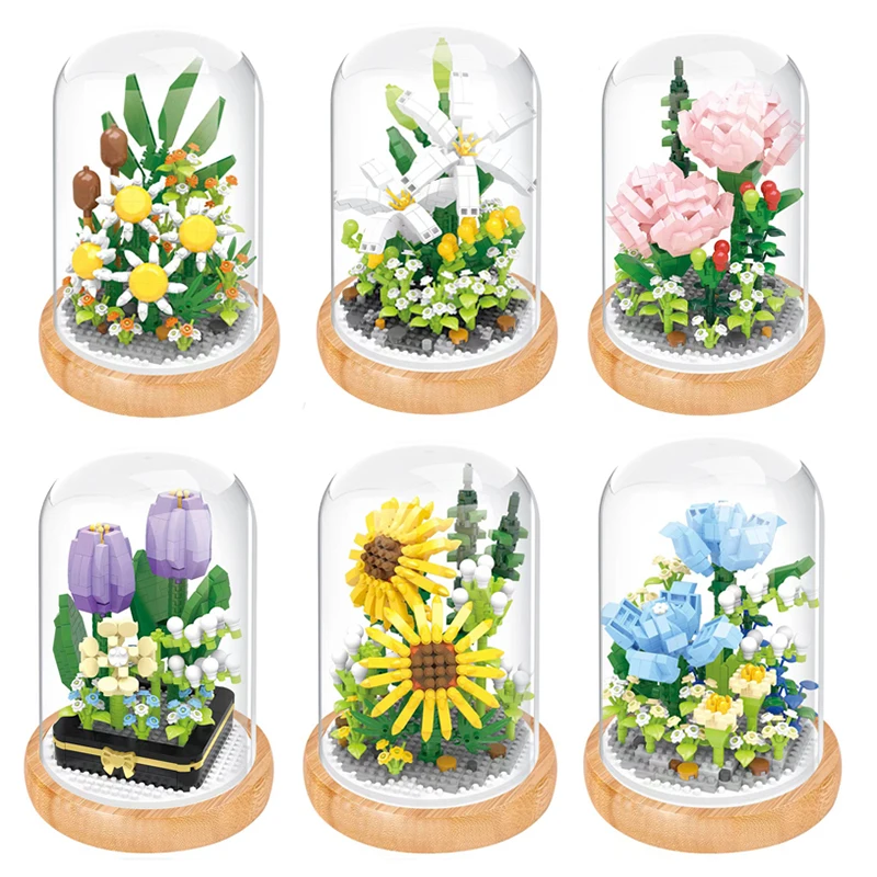 Simulation Building Block Flower Diy Rose Tulip Sunflower Immortal Flower 3D Model Decoration Children's Assembled Toy Girl Gift