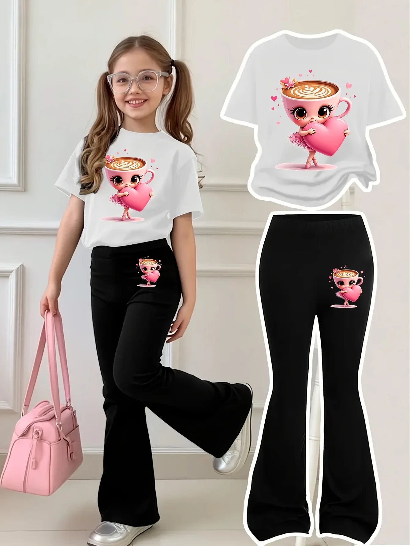 Süßes Kaffee-Themen-Outfit für Mädchen im Alter von 4–12 Jahren, kurzärmliges Oberteil mit supersüßem Kaffeetassen-Design + schwarze Schlaghose, zweiteiliges Set, 2026 neue Kinderkleidung für Mädchen