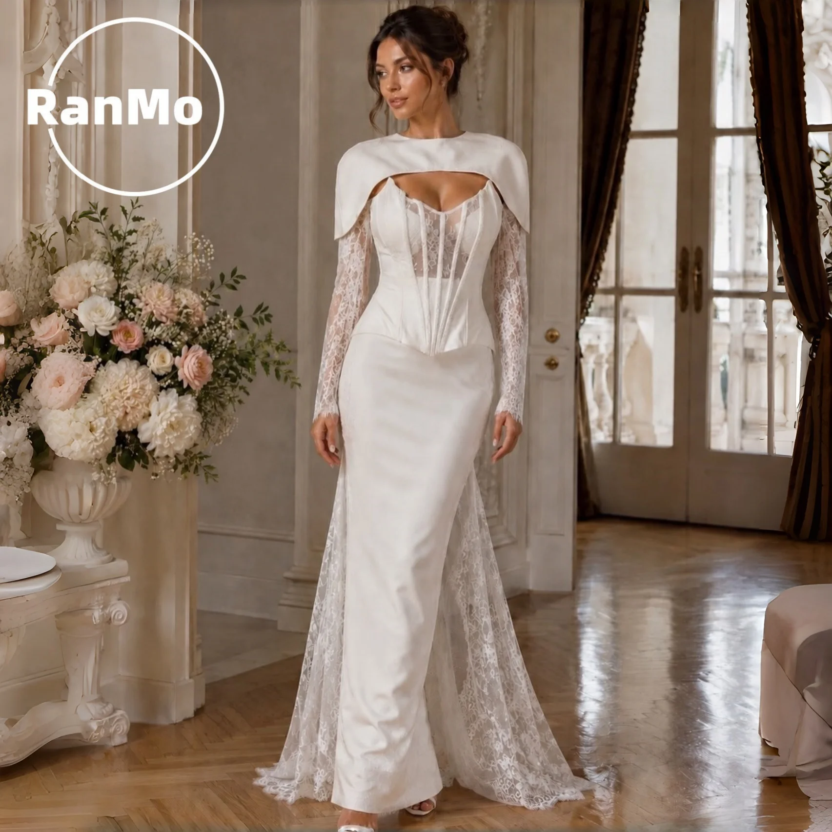 

Ranmo Elegant Mermaid Wedding Dresses Short Sleeves Lace 2026 Pleat Stain Bridal Gown Vestidos De Novia Floor-Length Customized