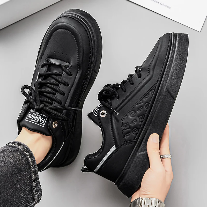 Men Cream White Leather Skate Sneakers Thick Platform Sole Lace Up Embossed Pattern Casual Shoes Comfort Daily Walking Footwear