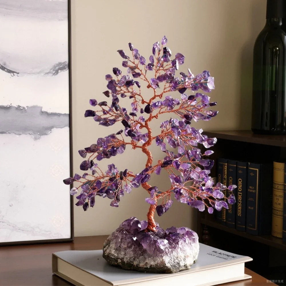 Natural yellow purple powder crystal fortune tree ornament, gravel purple crystal cluster, rough stone tree, home decoration
