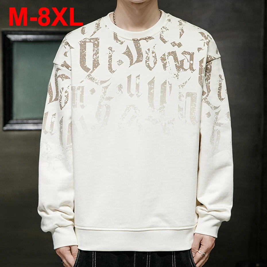 

7XL 8XL Plus Size Men Sweatshirts Letter Printed Spring Autumn Loose Casual Hoodie Big Size 6XL Men Hoodies Black