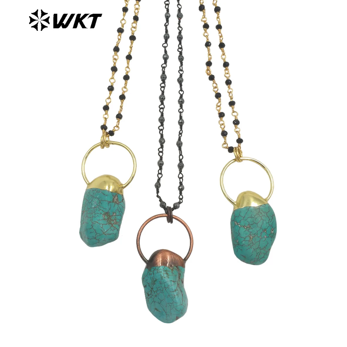 WT-N1423 Wholesale newest gold turquoise stone necklace women black rosary beads antique copper necklace boho necklace