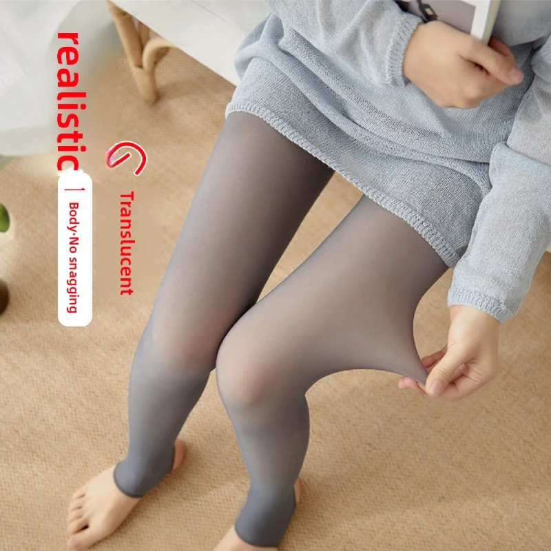 QICHE 2026 Plus Size Fleece Lined Fake Translucent Tights Women Stewardess Grey Thick Sheer Pantyhose Autumn Winter Outer Wear
