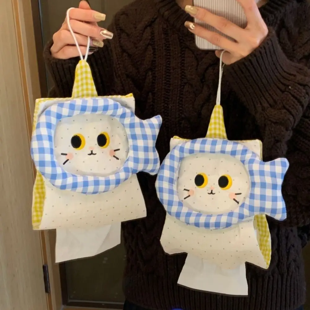 Retro Cartoon Cat Fabric Tissue Cover Soft Decorative Wall Mounted Paper Bag Universal Space Saving Napkin Storage Pouch