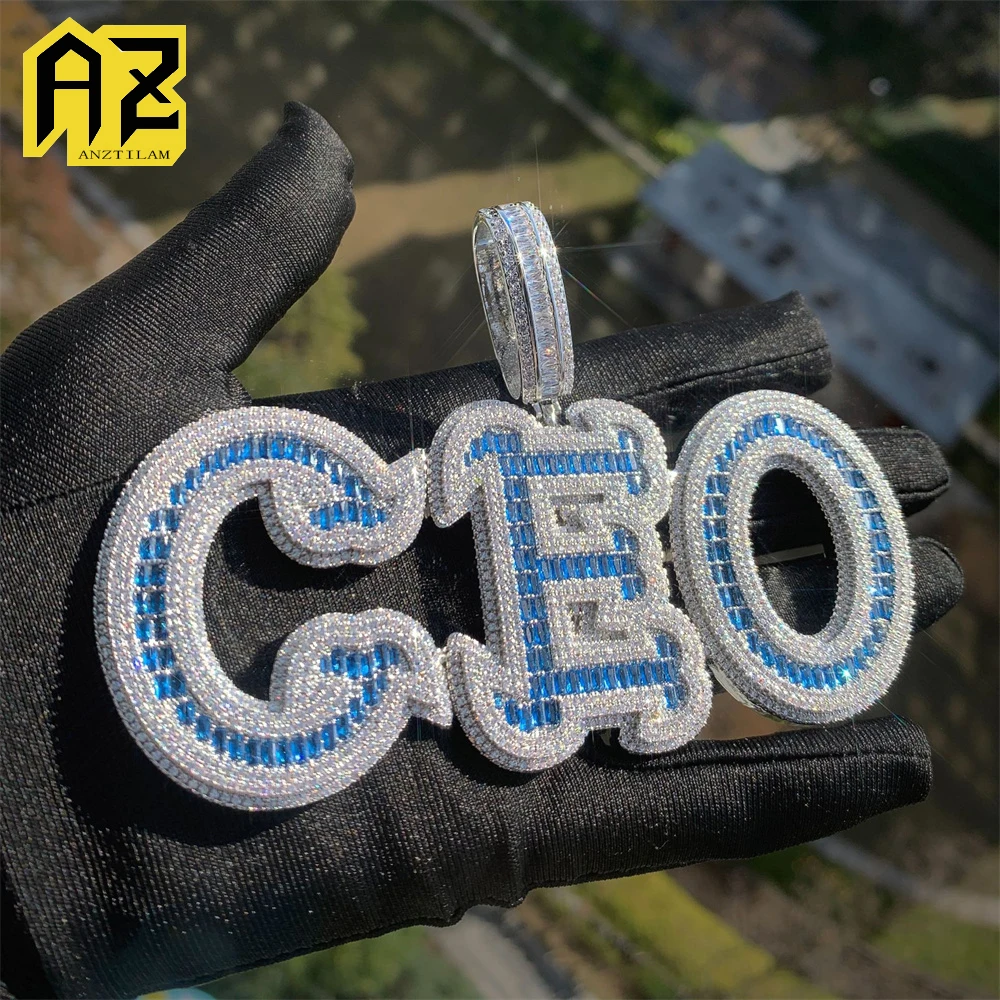 

Anztilam Blue Baguettes Customized Name Letters Iced Out Pendant Necklaces for Women Men Brass Name Necklace Jewelry