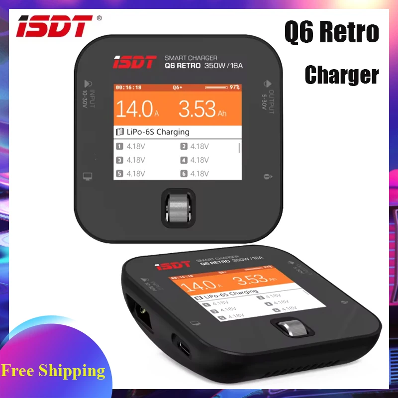 

Зарядное устройство-балансир ISDT Q6 Retro 350W 16A DC для LiPo аккумуляторов 2-6S, цифровое зарядное устройство для Li-Po, Li-HV, Li-Ion, Li-Fe, NiMH, Ni-Cd
