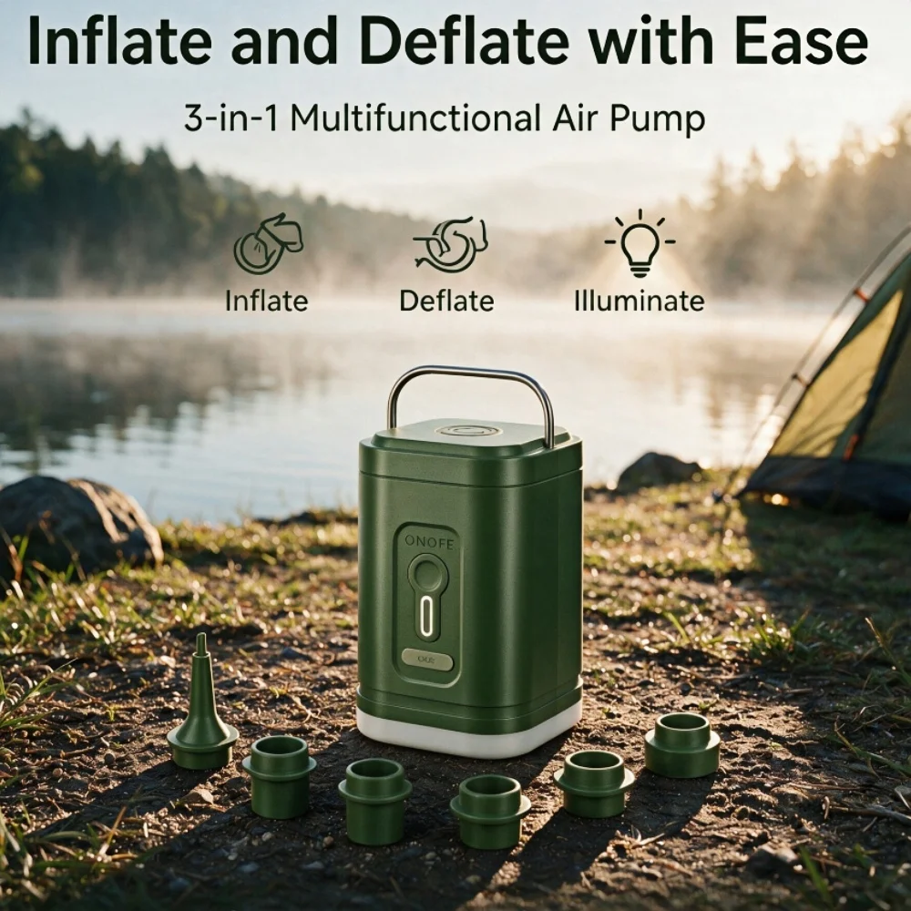 Electric Air Pump With Inflation Deflation LED Light Portable Outdoor Travel Air Pump For Camping Air Mattress Inflatable Bed