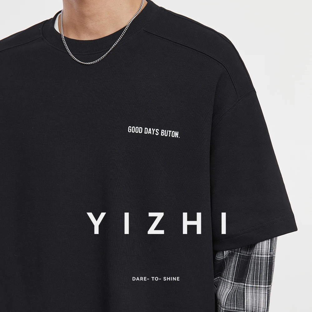 Fashion Men's Fashion Brand Plaid Fake Two-piece Long Sleeve Sweatshirt Autumn High Street Retro Loose Splicing Top Men Pullover
