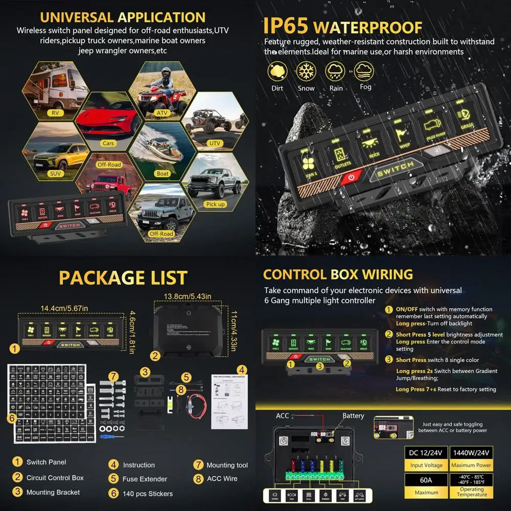 6 Gang RGB Switch Panel 60A Waterproof Memory Function Toggle Momentary Pulsed Flash Compatible with UTV ATV RV Bus Car Truck Je