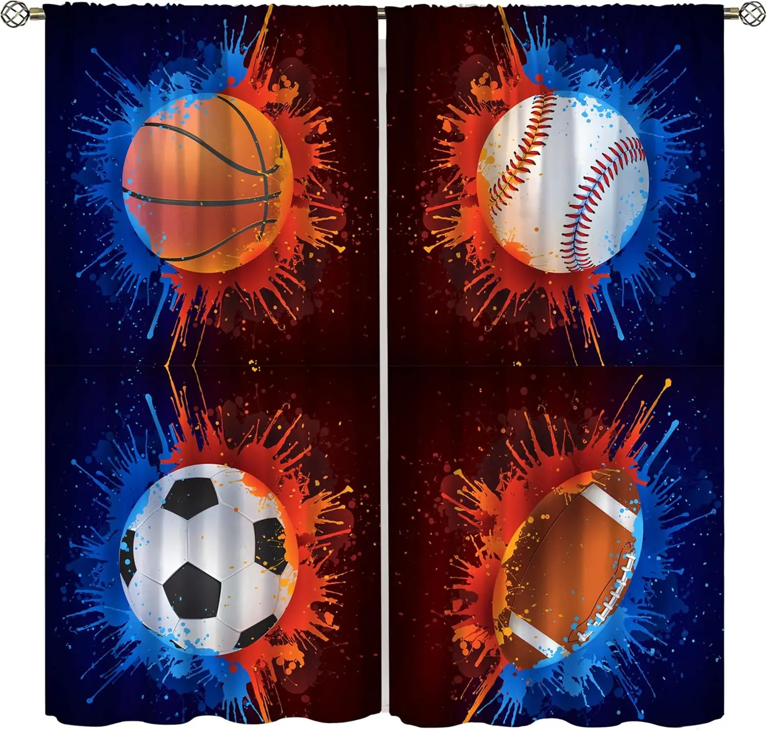 Polyester Sports Theme Curtains Window Drapes Basketball Baseball Soccer Football Splatter Art Man Cave Decor Gamer Gifts Game R