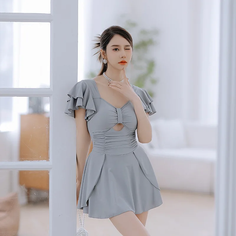 

2024 Plus Size Women One-Piece Swimsuit Solid/Floral Printed Bathing Suit Short Sleeve Ruffled Pleated Swimwear Hot Spring Suit