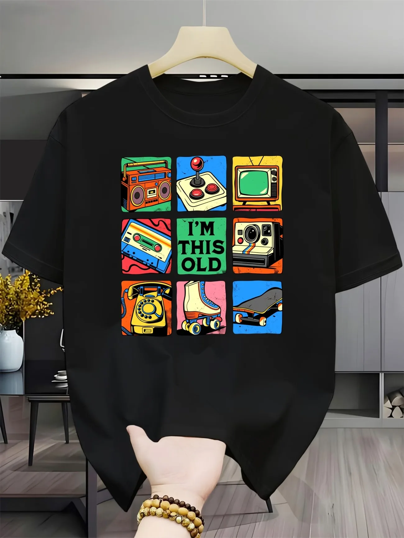 Camiseta Vintage con Iconos Nostálgicos, Chándal de Verano para Hombre, Cuello Redondo, Ropa Deportiva Transpirable Informal, Moda Urbana Harajuku
