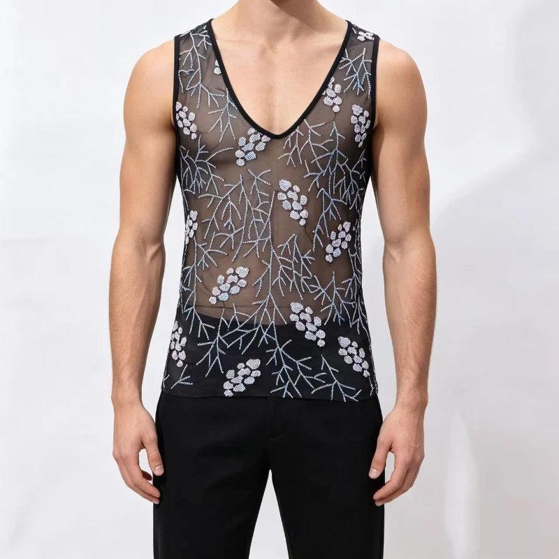 Hot Sale Men’s Light Green Sheer Mesh Tank Top Sleeveless Vest with Branch Floral Rhinestone Design – See Through Performance